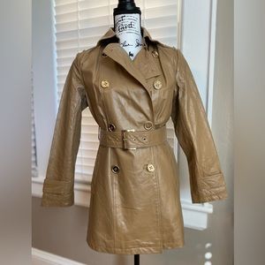 IMAN Beige Leather Double Breasted Trench Coat Jacket Size XS